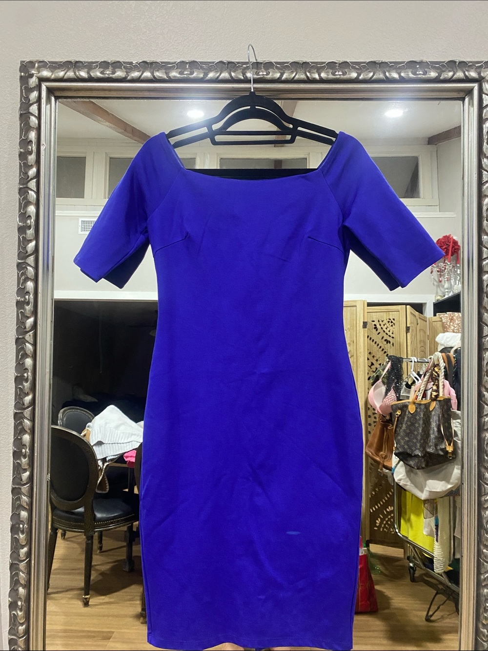 Just Me Royal Blue Off-Shoulder Midi Dress